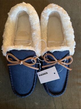 Sonoma Navy Moccasin Slippers with Cream Faux-Fur Trim & Tan Bow Sz 10-11, xxl